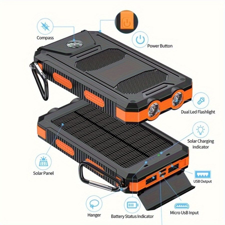 Portable Solar Mobile Phone Charger, Camping External Battery Charger For Mobile Phones, 2 USB/ LED Flashlights With Compass For Outdoor Activities, 15800/20000mAh Portable Solar Power Bank - Image 9
