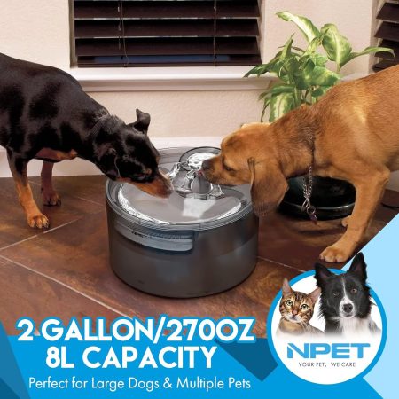NPET DF30 Dog Water Fountain, 2 Gallon/270oz/8L Large Automatic Dog Water Bowl Dispenser, Pet Water Fountain with Splatter Guard, Cleaning Kit for Large Dogs & Multiple Pets, Without Battery