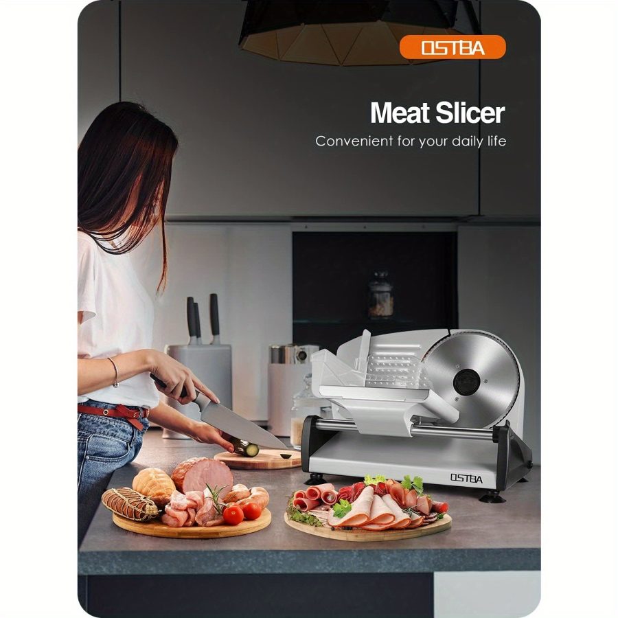 OSTBA Electric Meat Slicer with Child Lock Protection, Removable 7.5" Stainless Steel Blade & Food Carriage, Adjustable Thickness for Meat, Cheese, Bread (150W/200W) - Image 2