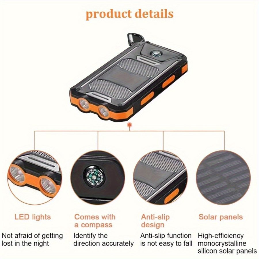 Portable Solar Mobile Phone Charger, Camping External Battery Charger For Mobile Phones, 2 USB/ LED Flashlights With Compass For Outdoor Activities, 15800/20000mAh Portable Solar Power Bank - Image 8