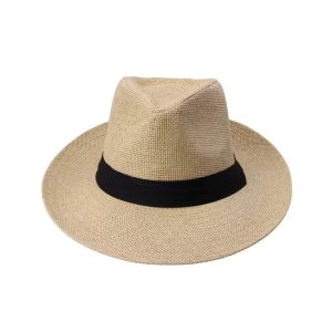 Hot Fashion Summer Casual Unisex Beach Trilby Large Brim Jazz Sun Hat Panama Hat Paper Straw Women Men Cap With Black Ribbon